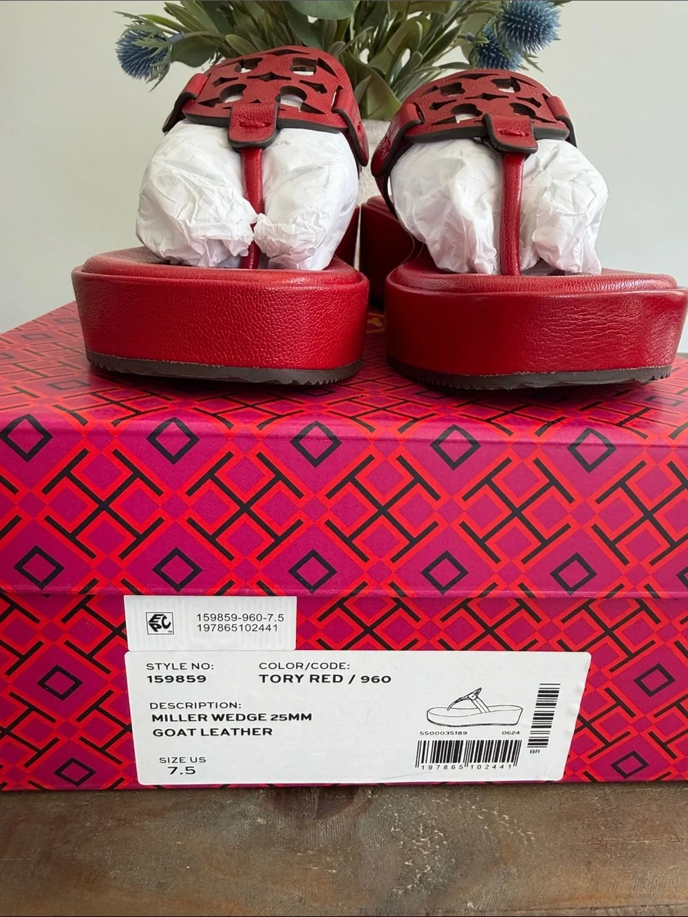 Tory Burch Red Leather Miller Wedge Thong Sandal with Signature Logo